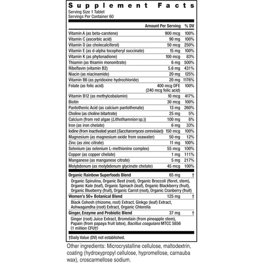 Etiqueta con ingredientes del multivitamínico para mujeres 50+