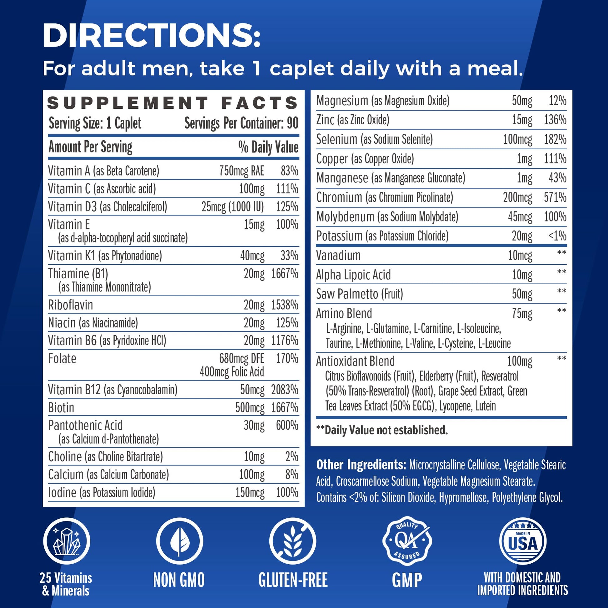 Tabla de ingredientes del multivitamínico Ultra 360 para hombres.
