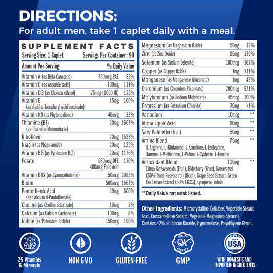 Tabla de ingredientes del multivitamínico Ultra 360 para hombres.