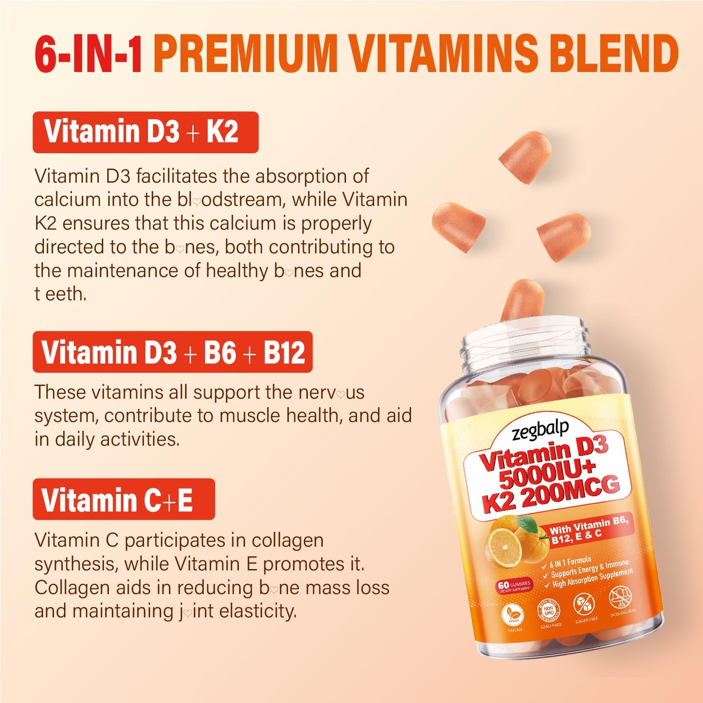 Ingredientes naturales y veganos en gomitas vitamina D3 K2