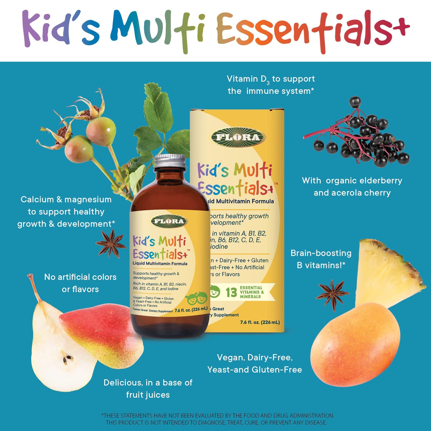 Ingredientes naturales del multivitamínico Flora rodeando la caja y frasco