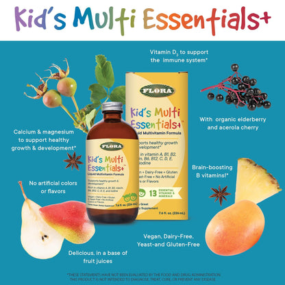 Ingredientes naturales del multivitamínico Flora rodeando la caja y frasco