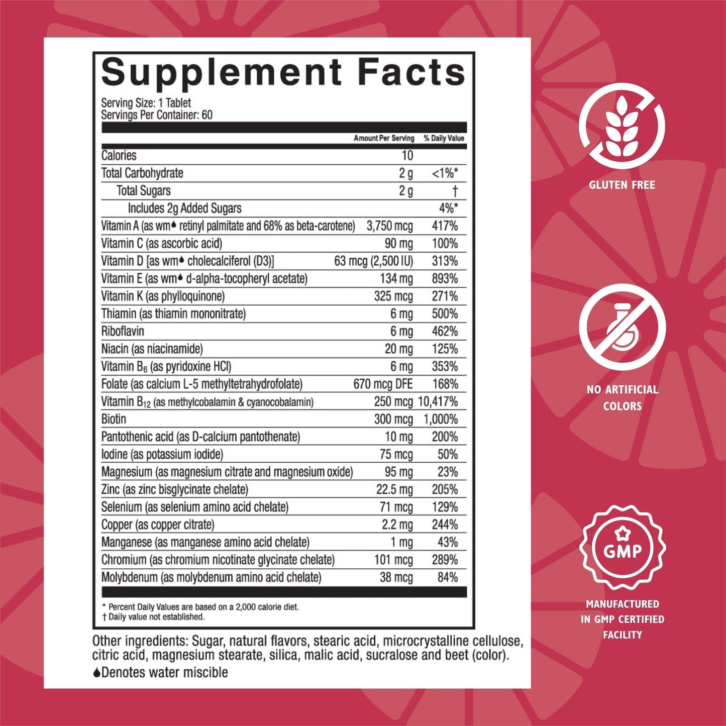 Ingredientes y niveles nutricionales multivitaminas ADEK Celebrate