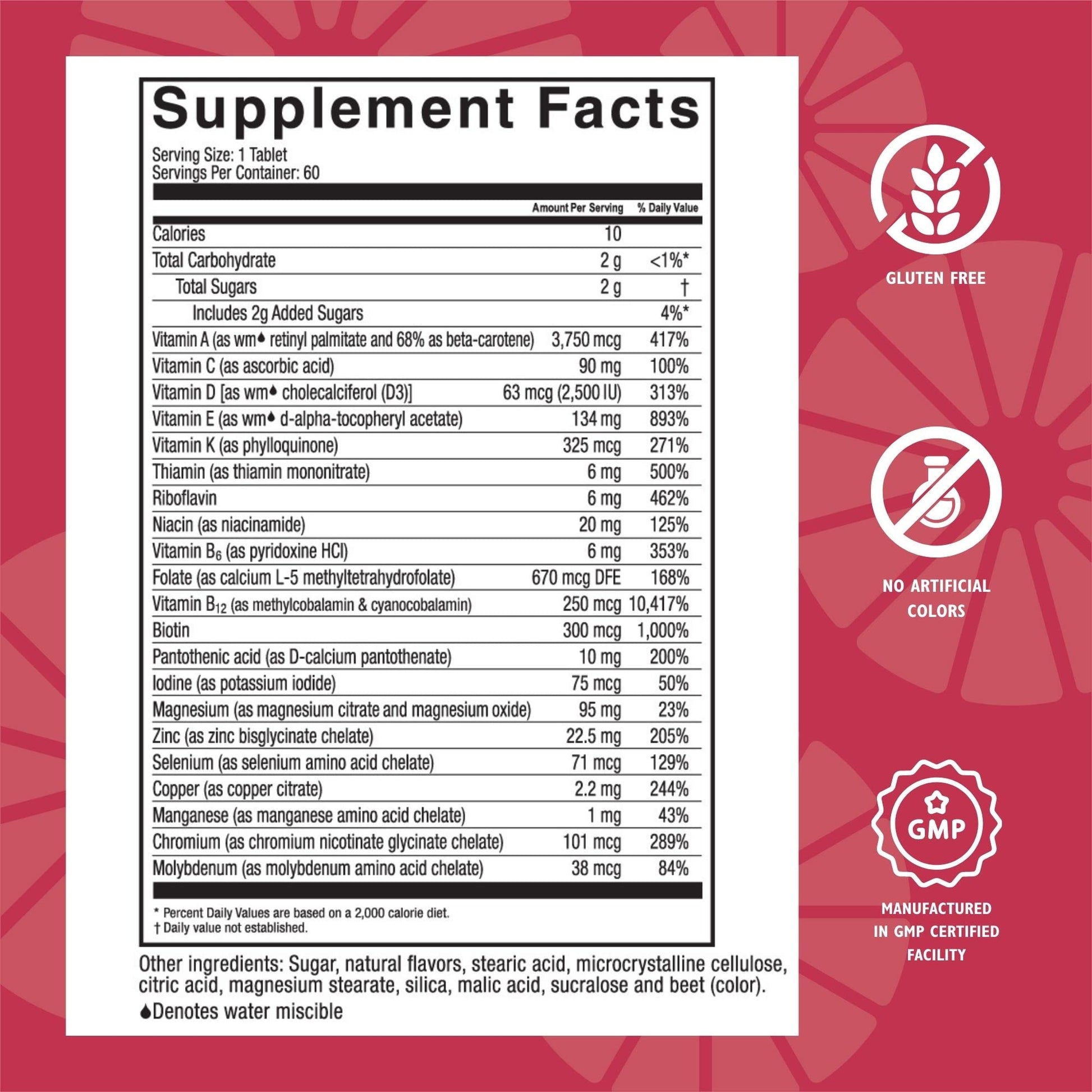 Ingredientes y niveles nutricionales multivitaminas ADEK Celebrate