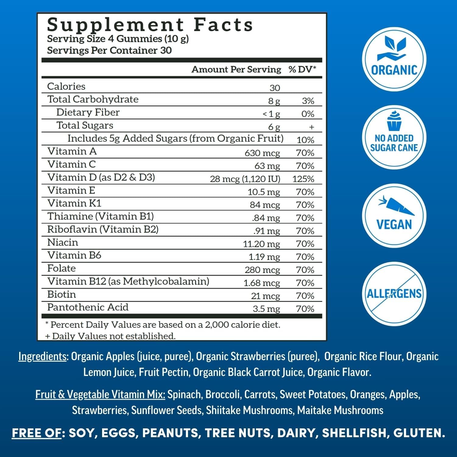 Ingredientes orgánicos de las gomitas multivitamínicas Llama Naturals