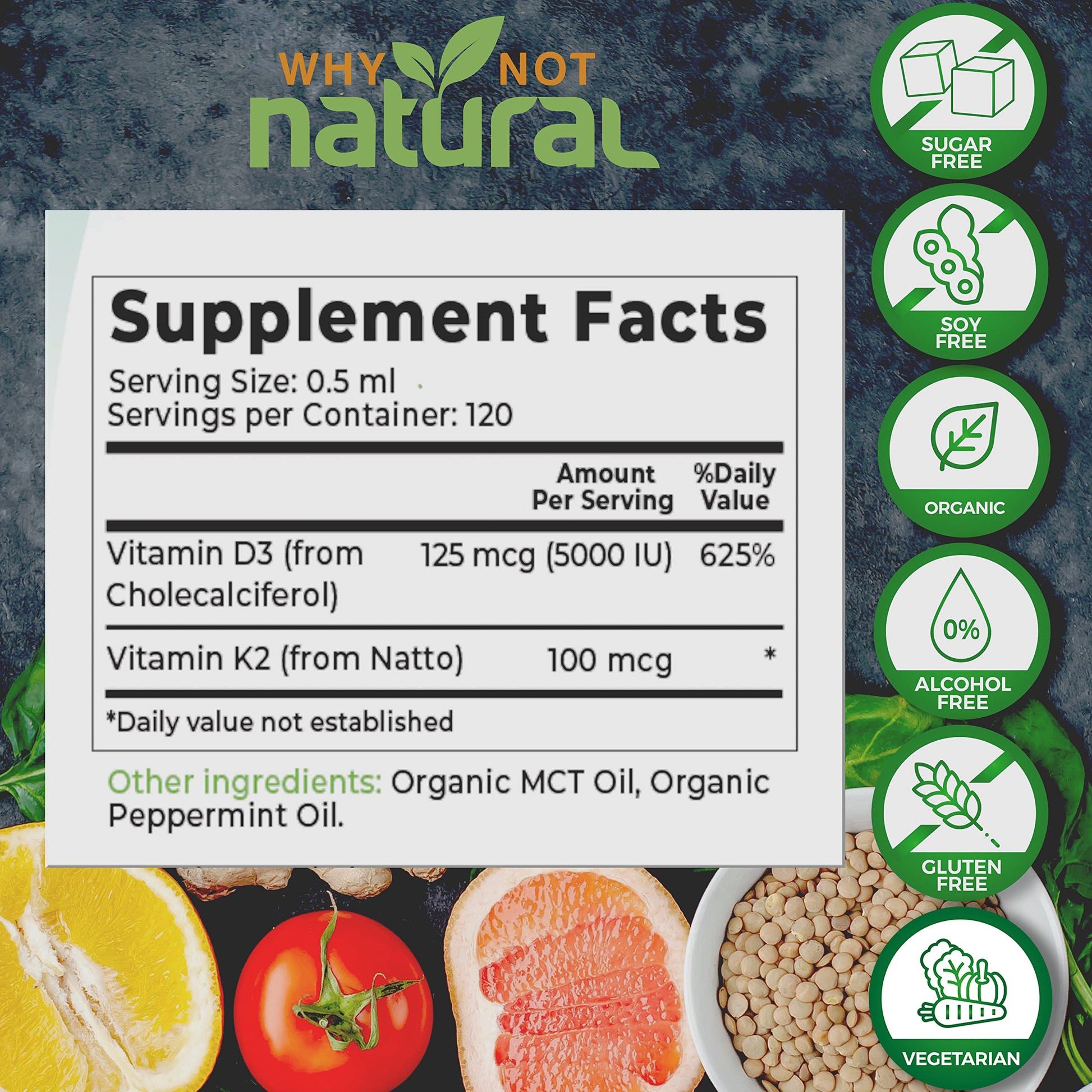 Ingredientes orgánicos para gotas vitaminicas C y D3 K2