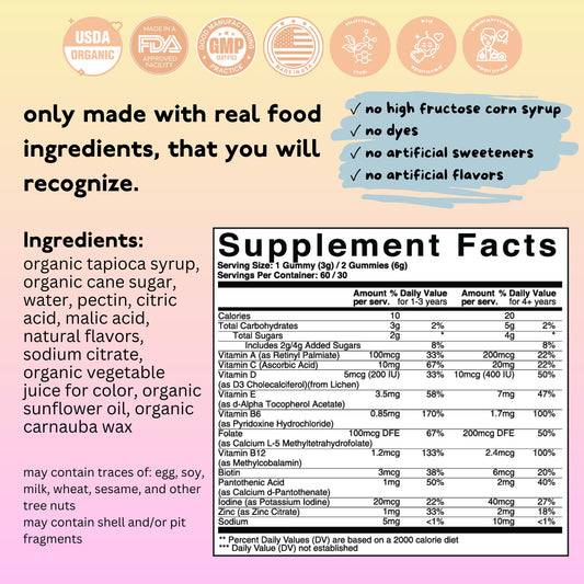 Ingredientes reales en gomitas de vitaminas para niños.