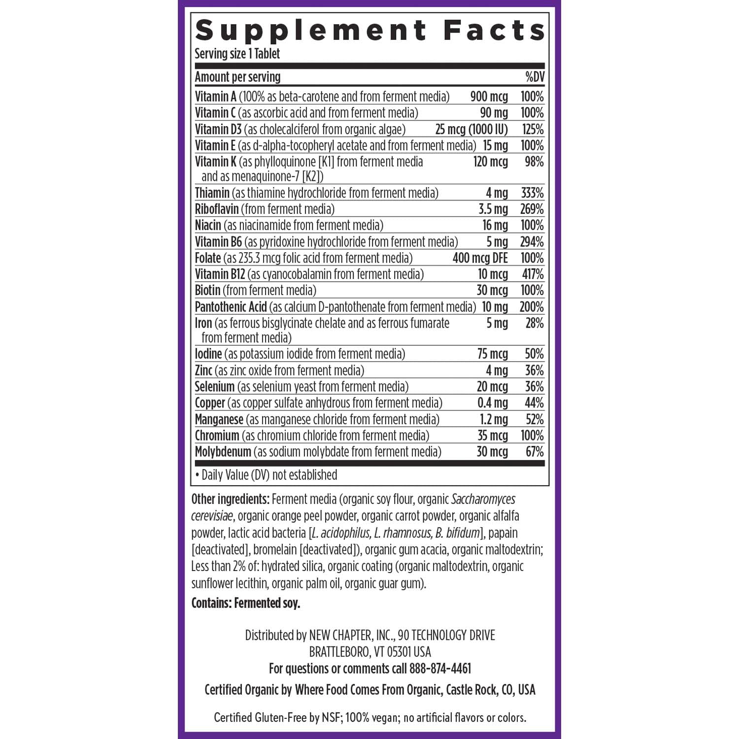 Lista de ingredientes del suplemento paa el multivitamínico