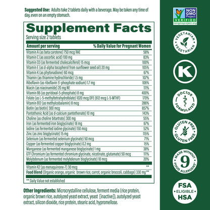 Etiqueta de ingredientes del suplemento prenatal Baby & Me 2