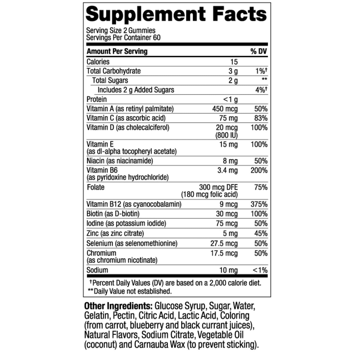 Ingredientes y tabla nutricional de vitaminas OLLY.