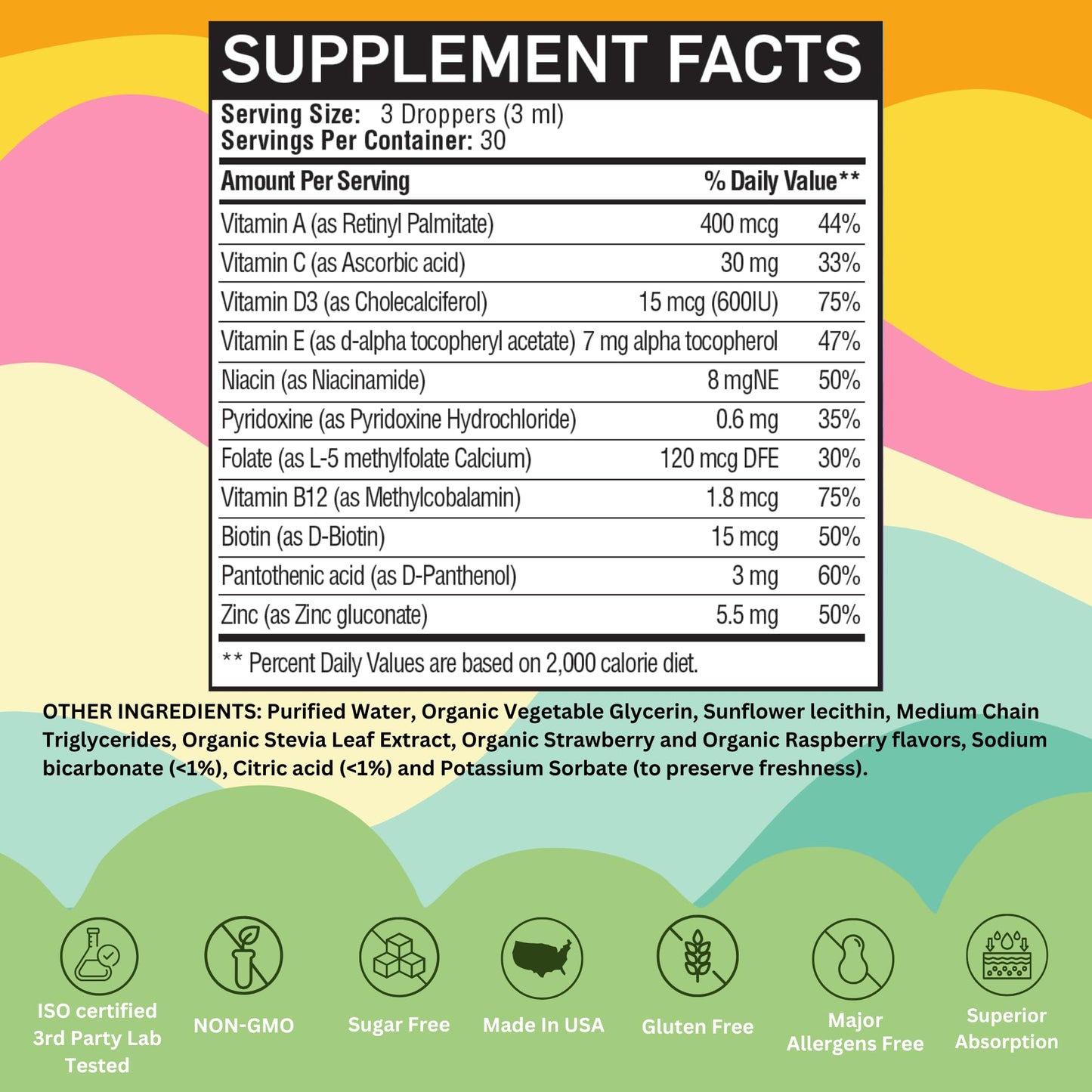Lista detallada de ingredientes y valores nutricionales en Liposomal Kids.