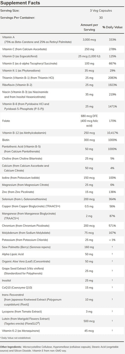 Etiquetas de ingredientes y valores nutricionales del multivitamínico NOW Foods.