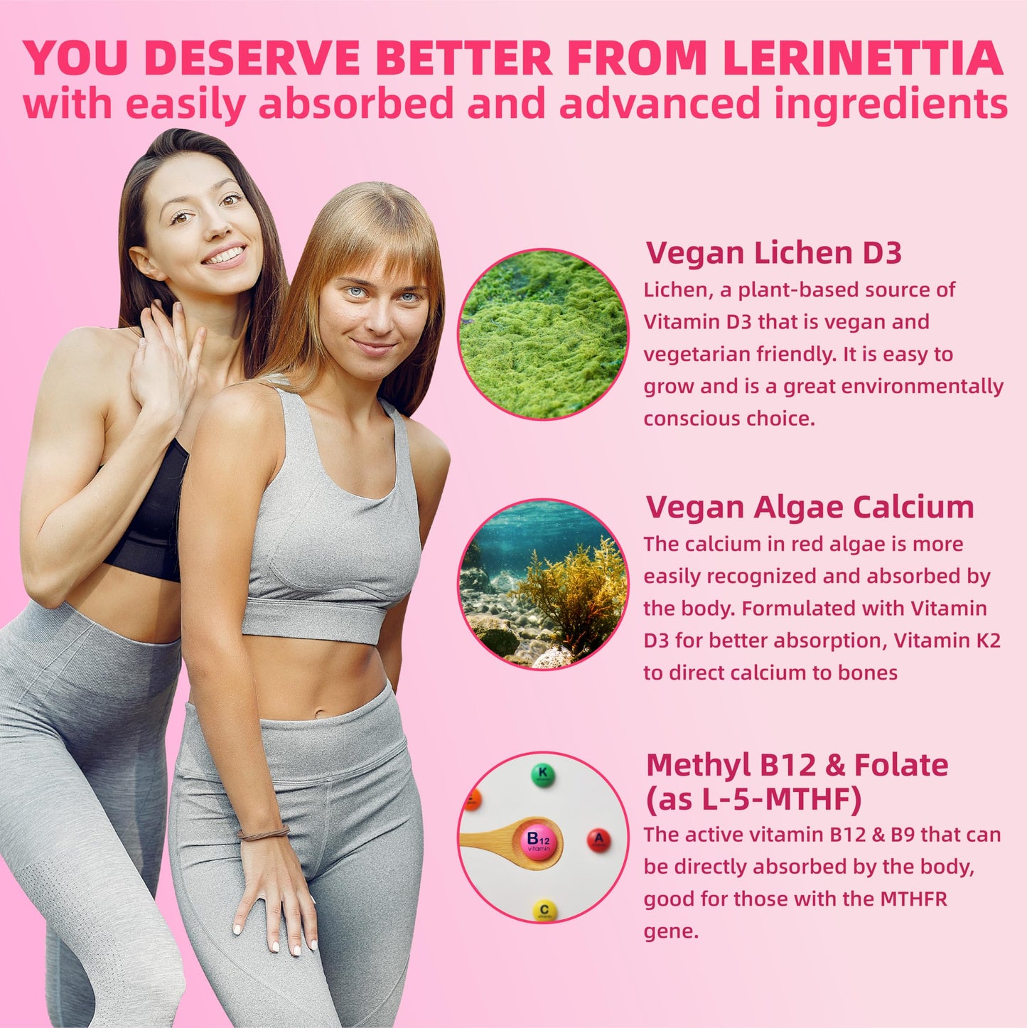 Ingredientes veganos en las gomitas multivitamínicas para mujeres mayores de 40 años.