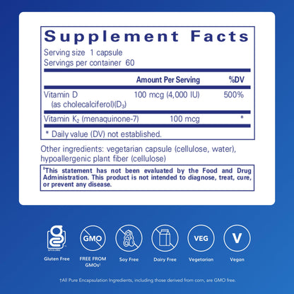 Ingredientes de vitamina D3 y K2 Pure Encapsulations