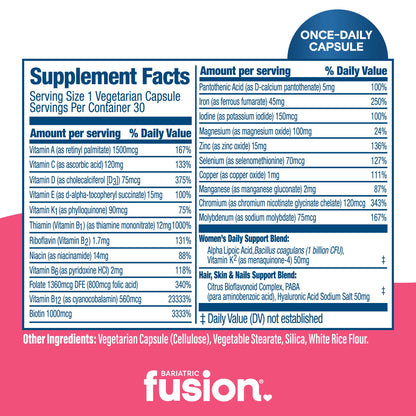 Ingredientes y vitaminas de la multivitamina Bariatric Fusion.