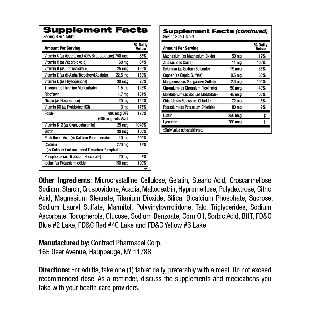 Tabla de ingredientes de vitaminas diarias para adultos 50+