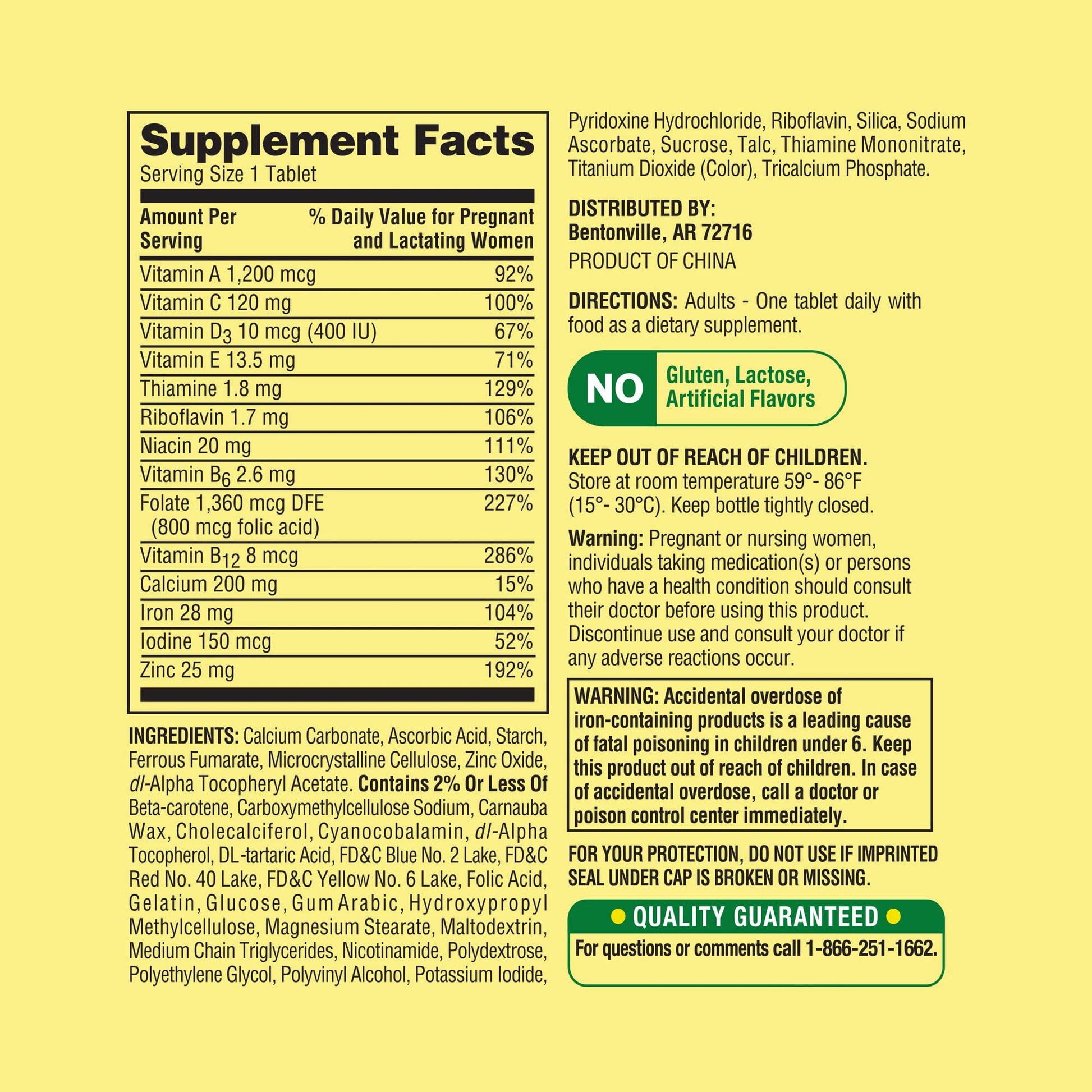 Ingredientes vitaminas prenatales Spring Valley LUAL para mujeres