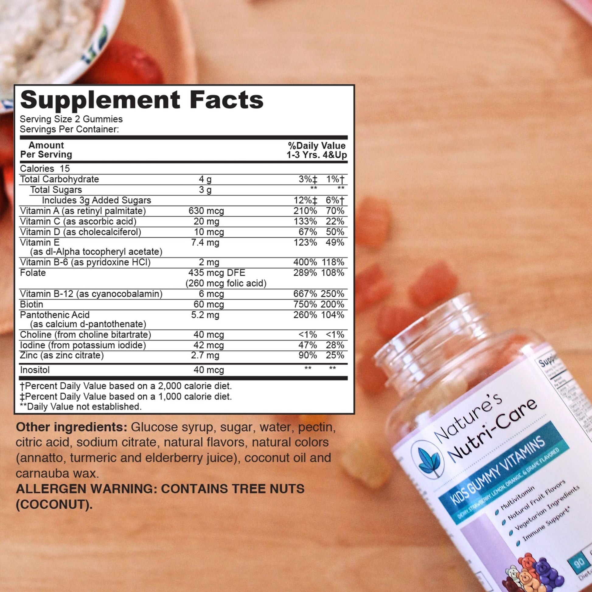 Ingredientes de vitaminas en goma para niños en la tabla