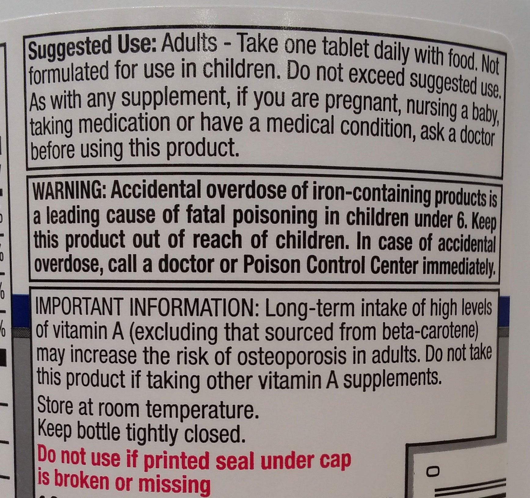 Instrucciones de uso y advertencias para el multivitamínico Equate.