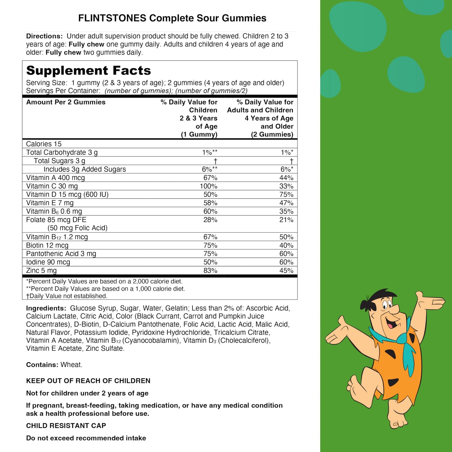 Instrucciones y tabla nutricional de las vitaminas Flintstones.