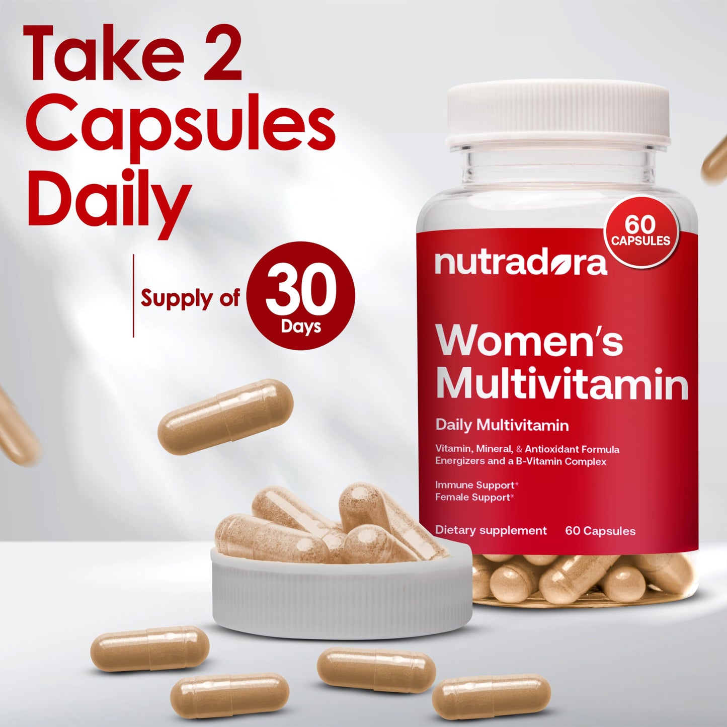 Instrucciones de uso para cápsulas diarias de multivitaminas.