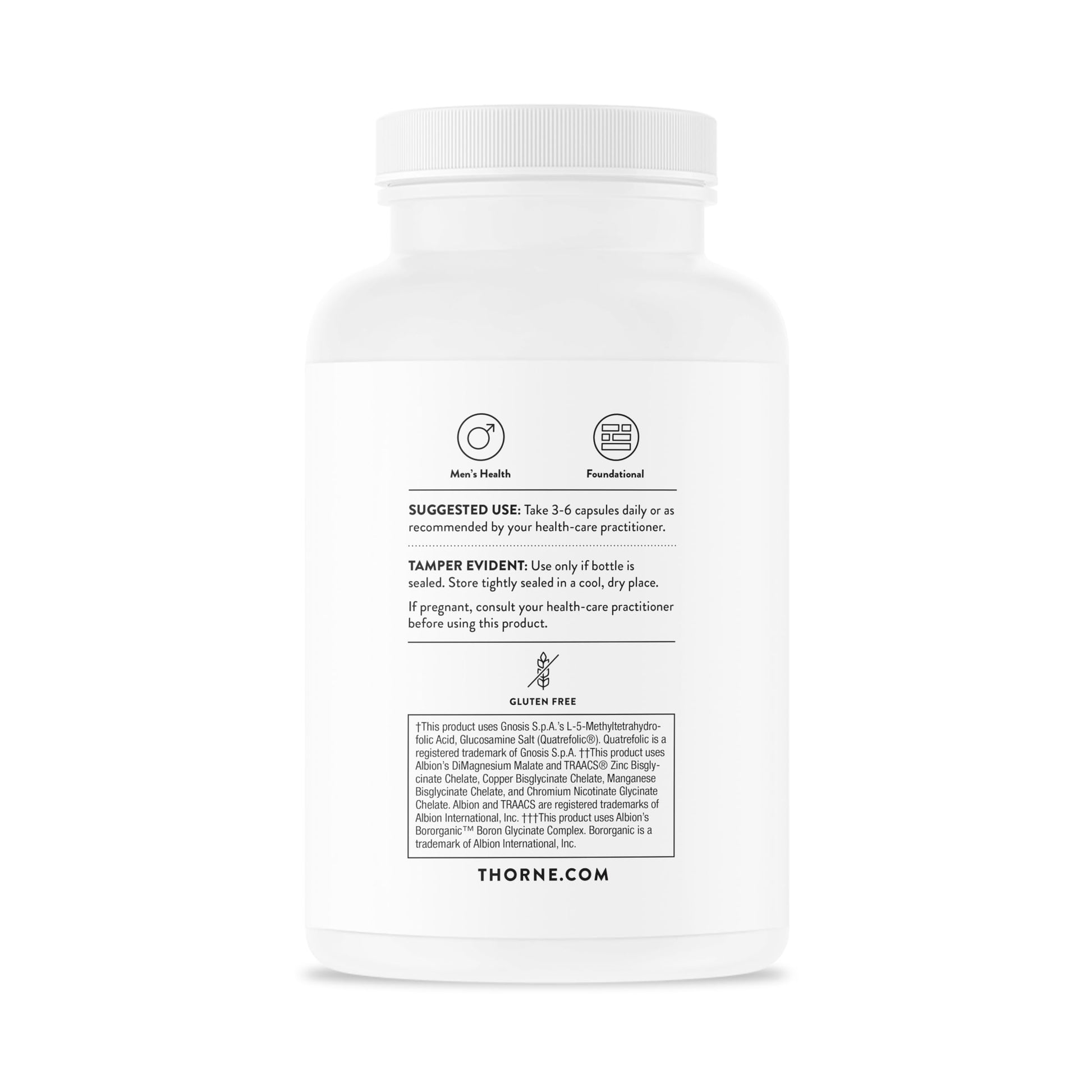 Instrucciones de uso de la botella multivitamínica THORNE para hombres 50+ de 180 cápsulas.