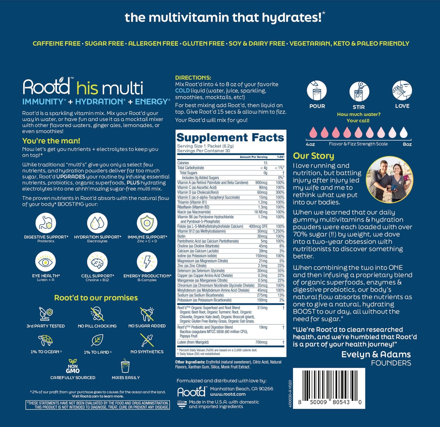 Instrucciones y usos de Root'd multivitamínico en polvo.