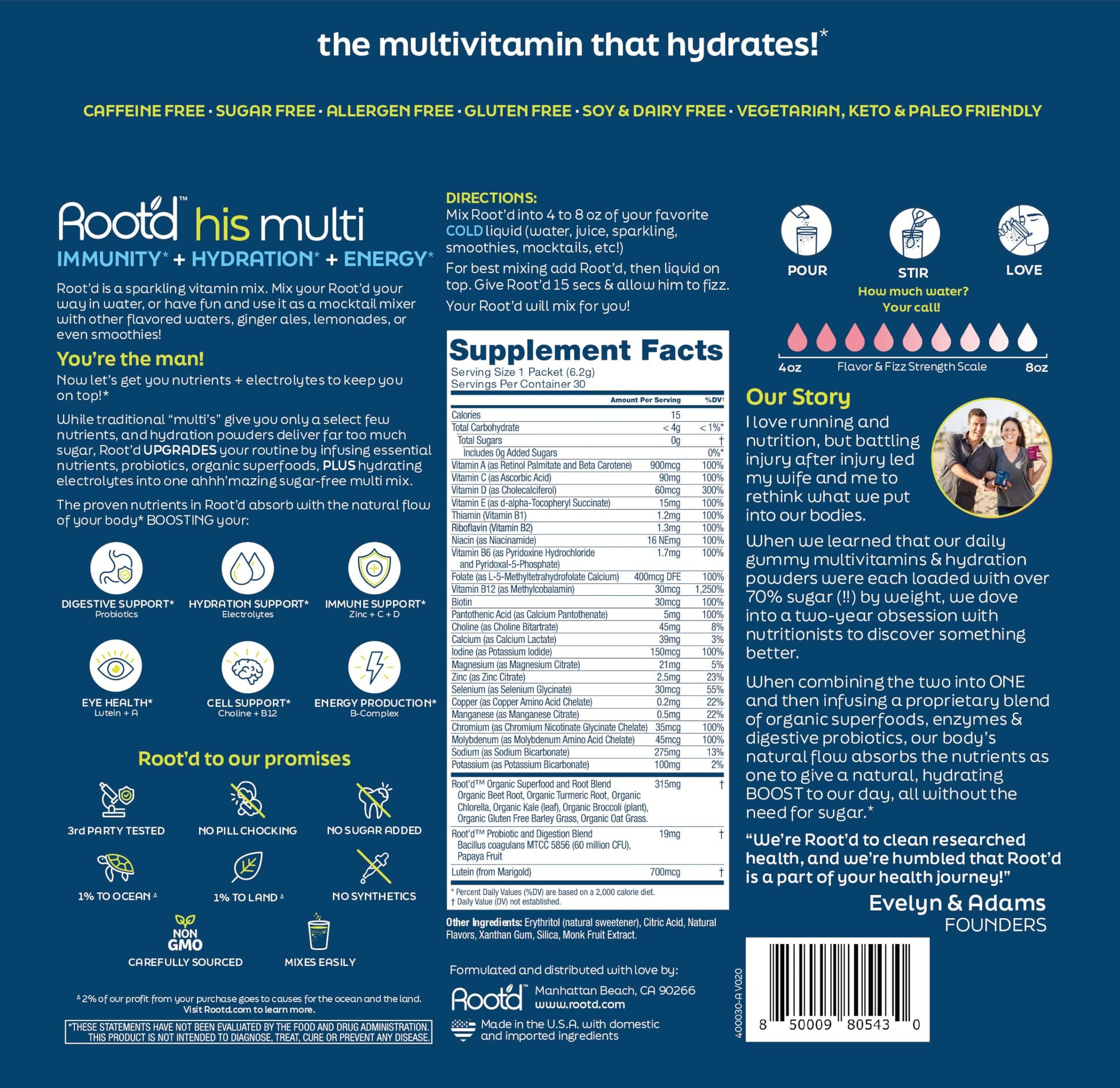 Instrucciones y usos de Root'd multivitamínico en polvo.