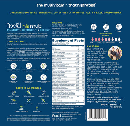 Instrucciones y usos de Root'd multivitamínico en polvo.