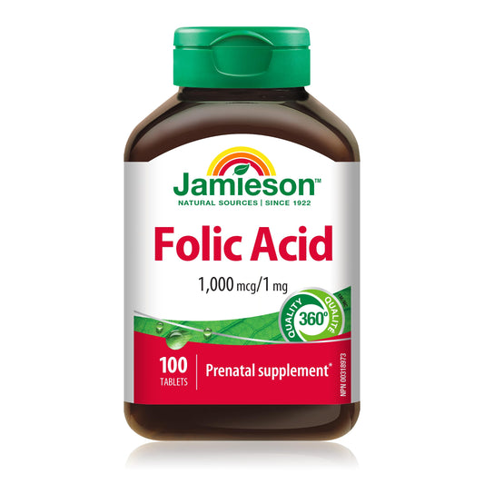 Jamieson Ácido Fólico 1 mg frasco 100 tabletas suplemento prenatal