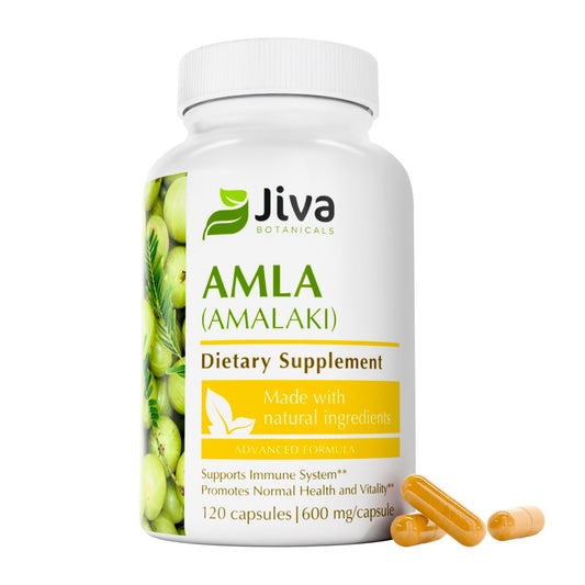 Frasco de cápsulas veganas Jiva Botanicals amla para vitalidad