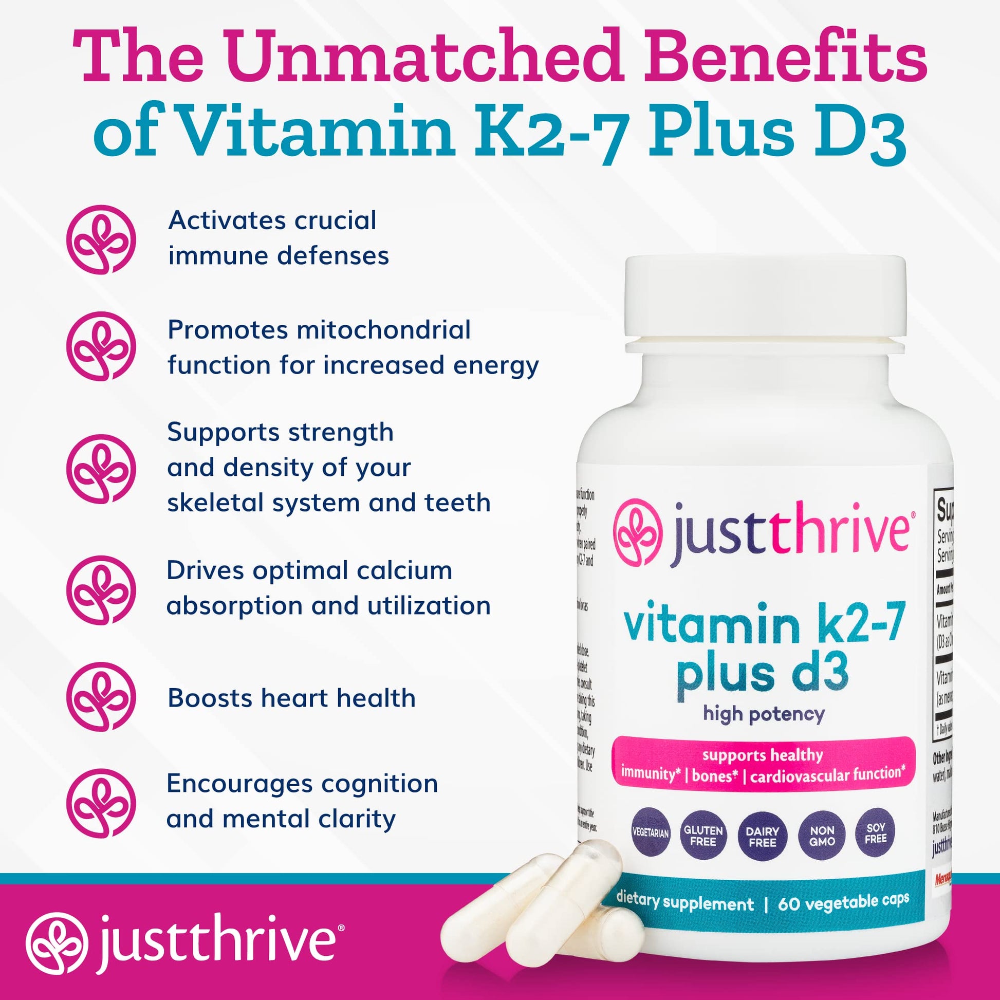 Just Thrive cápsulas vegetales vitamina k2-7 plus d3 envase frontal