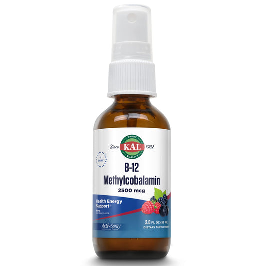 Botella de spray B12 KAL 2500mcg con sabor natural a bayas.