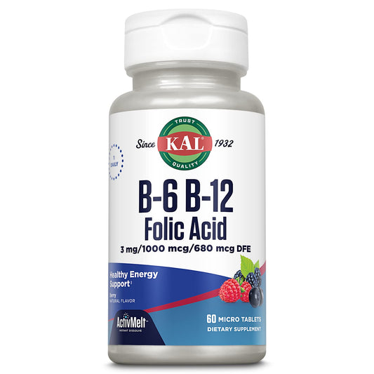 KAL suplemento vitamina B6 B12 ácido fólico paquete frontal