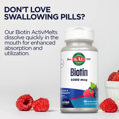 KAL tabletas biotina 5000 mcg sabor frutos rojos
