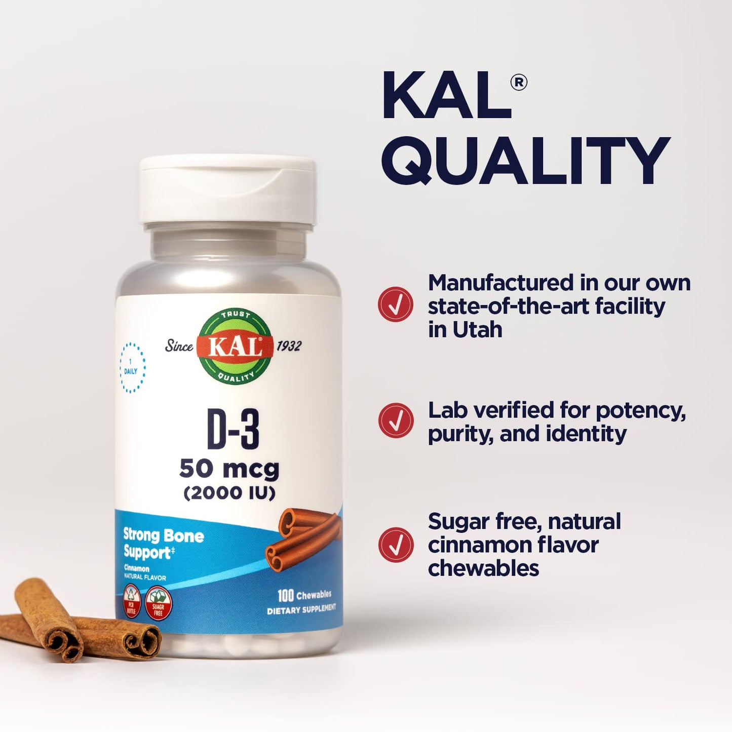 Kal vitamina D3 sabor canela natural 100 masticables sin azucar