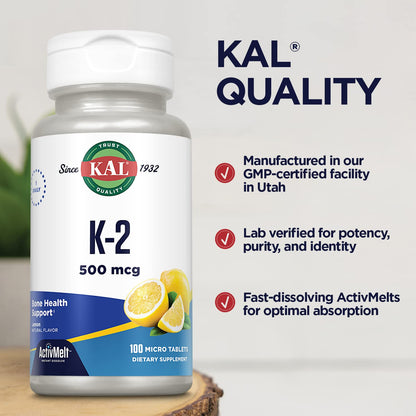 KAL vitamina K2 ActivMelts para apoyo óseo y cardiovascular 100 tabletas