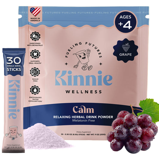 Kinnie Kids Calm Drink Mix sabor uva paquete frontal con hierbas
