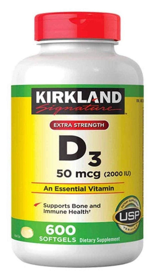 Kirkland Signature botella y cápsulas blandas vitamina D3