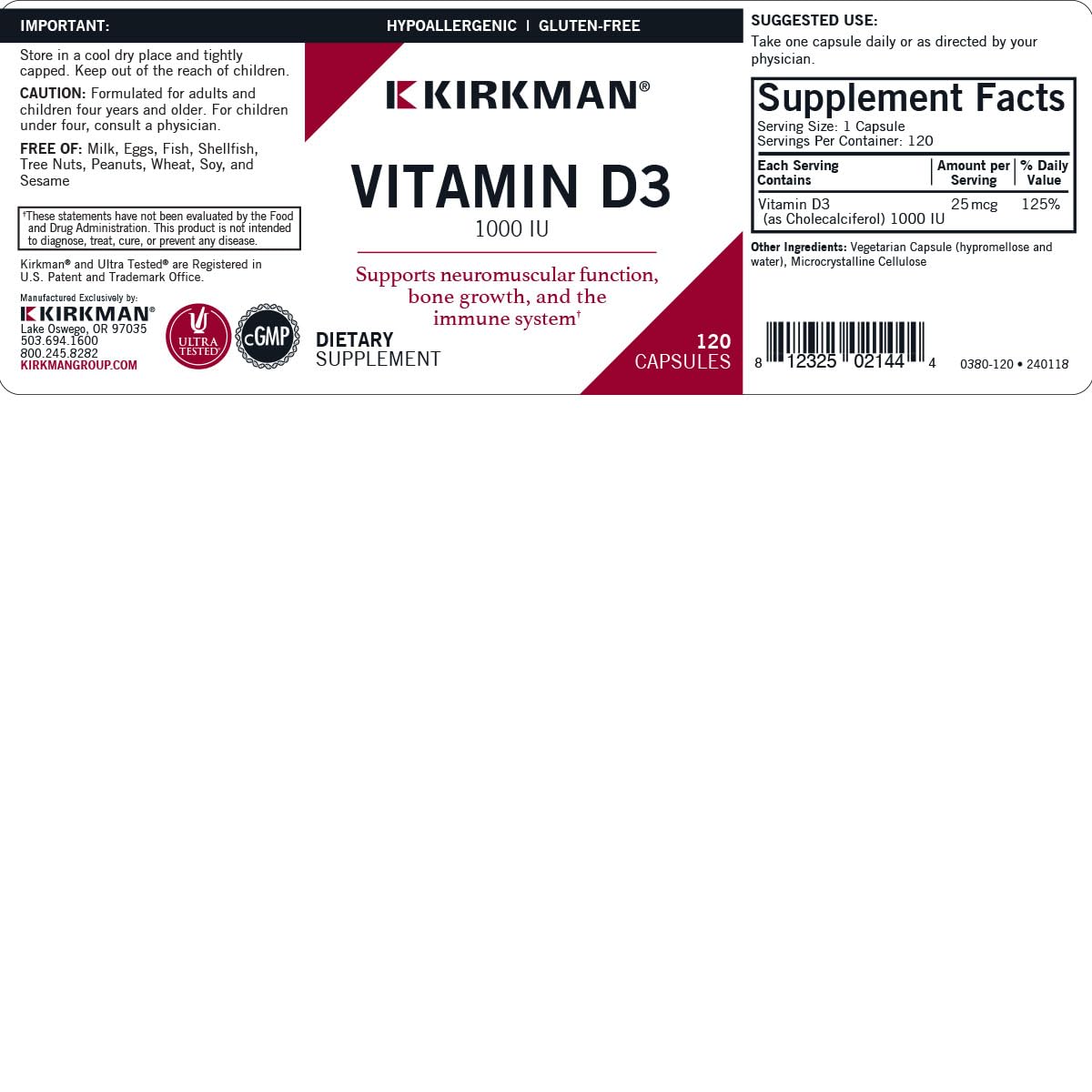 Kirkman cápsulas vitamina d3 sin gluten sin alérgenos comunes