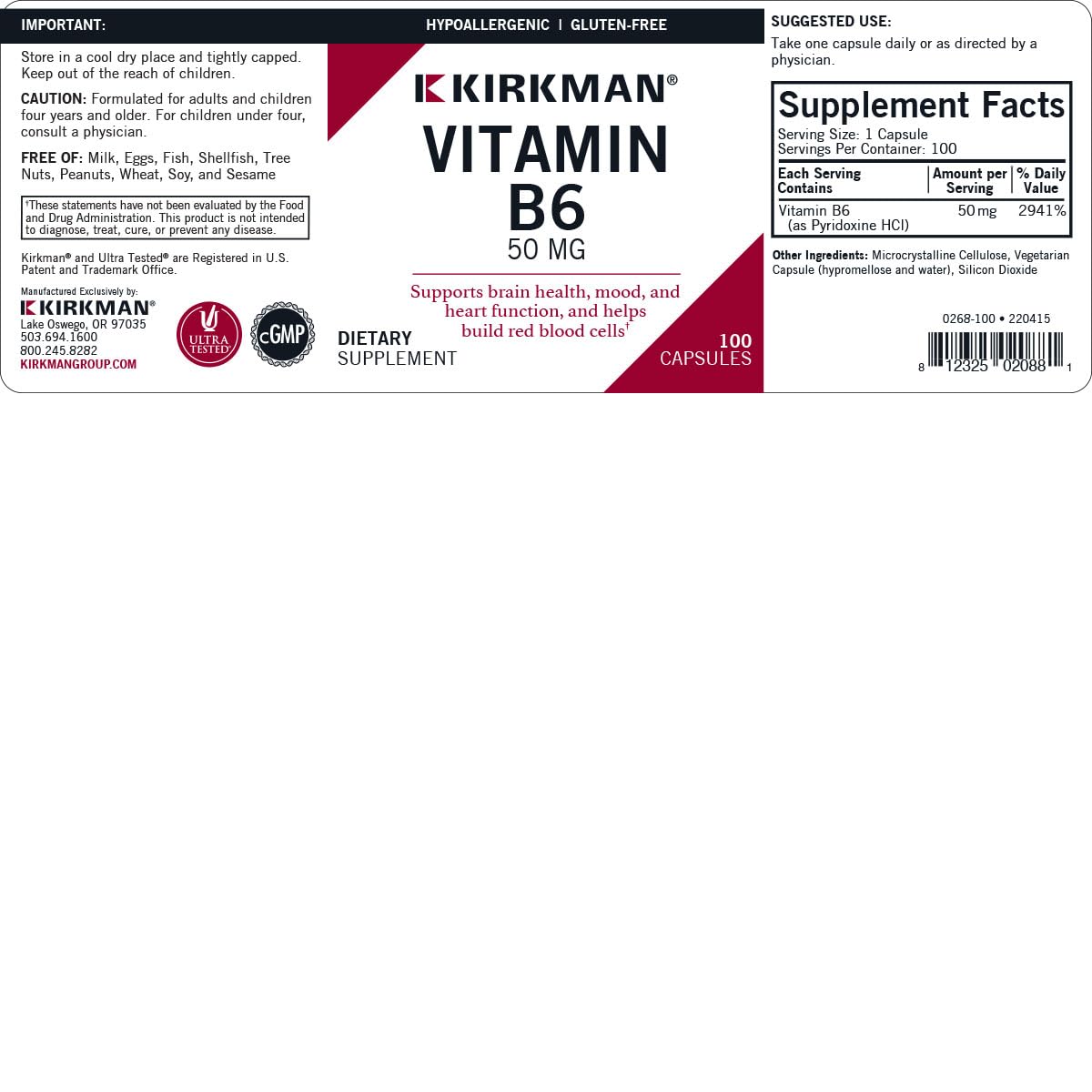 Kirkman Vitamina B6 50 mg cápsulas closeup