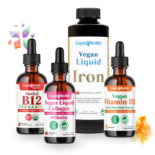Kit de inicio con vitaminas líquidas veganas LIQUIDHEALTH en envases marrón oscuro