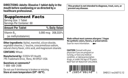 Botella Klaire Labs vitamina B12 metilcobalamina 60 tabletas