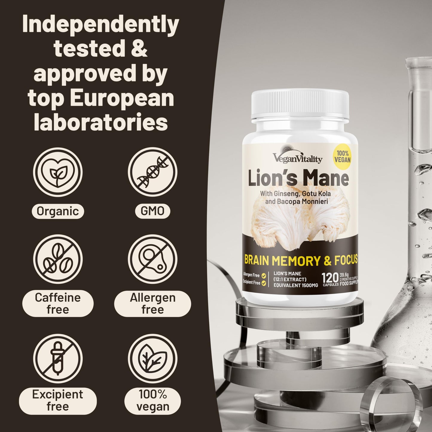 Laboratorio europeo con suplemento Lion's Mane en pruebas.