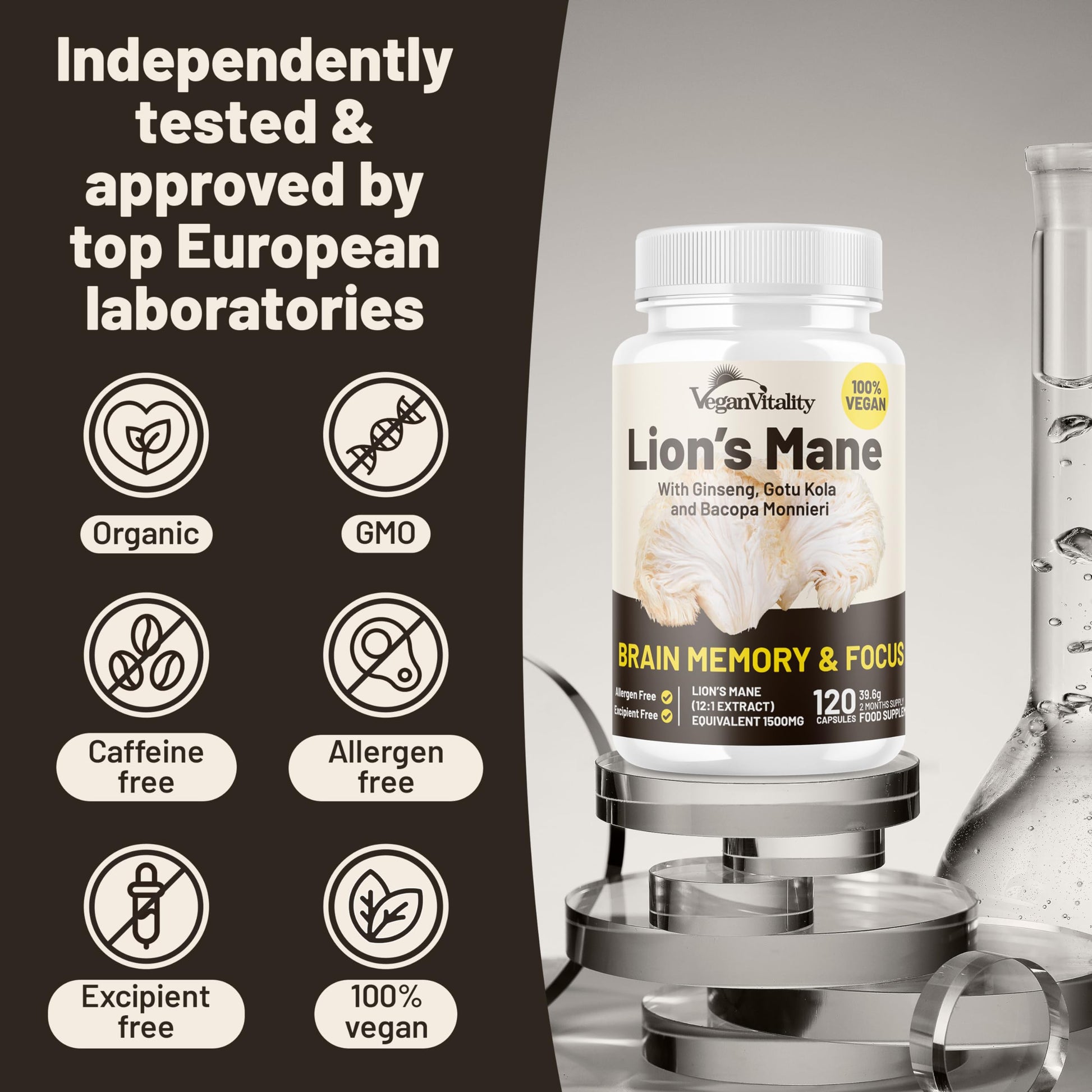 Laboratorio europeo con suplemento Lion's Mane en pruebas.
