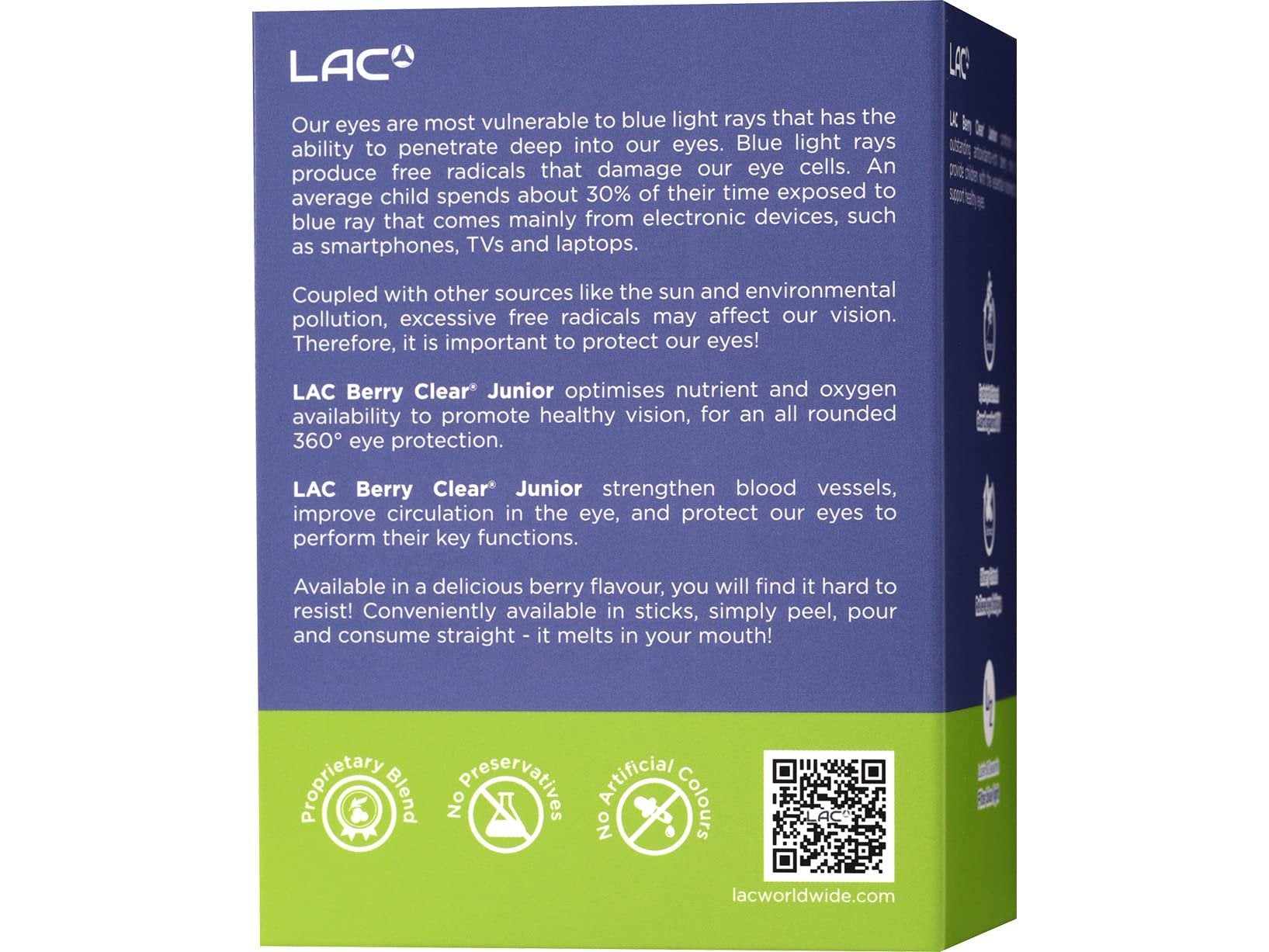 LAC Junior polvo Berry Clear presentación lateral 30 sticks