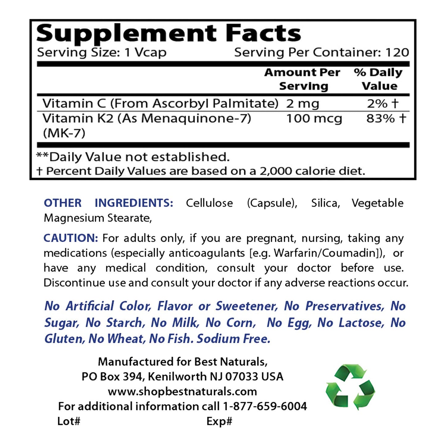 Lado botella Best Naturals que muestra ingredientes y certificaciones