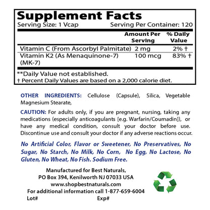 Lado botella Best Naturals que muestra ingredientes y certificaciones