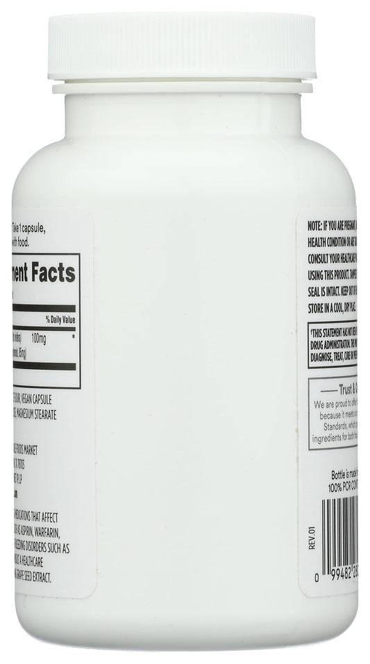 Lado de la botella de extracto de semilla de uva con información del suplemento.