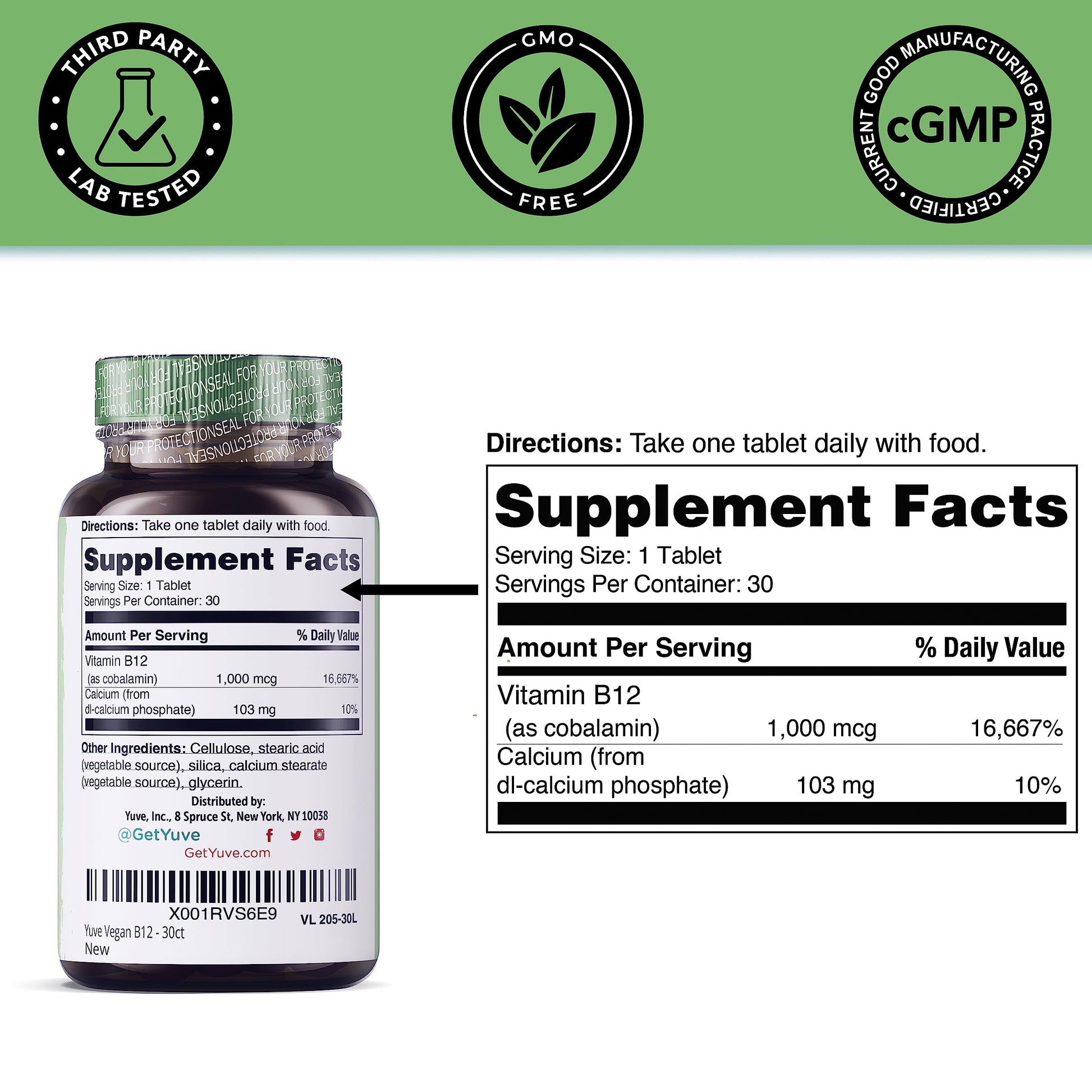 Lado del envase Yuve Vegan B12 tabletas 1000 mcg para memoria y energía